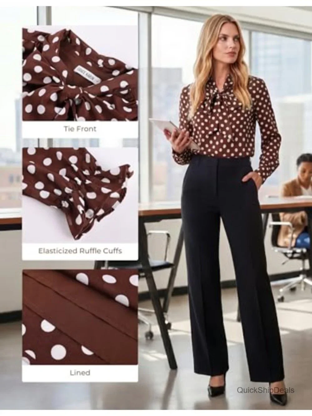 Long Sleeve Bow Tie Neck Chiffon Blouse Polka Dot Business Casual Top
